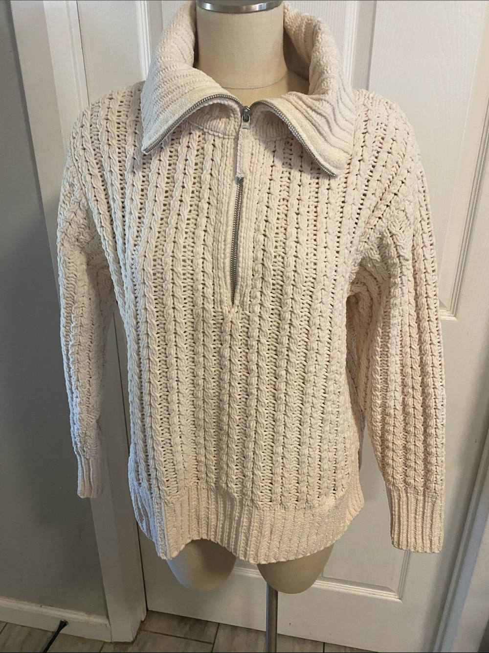 Aerie Cream Cable-Knit Half-Zip Pullover Sweater